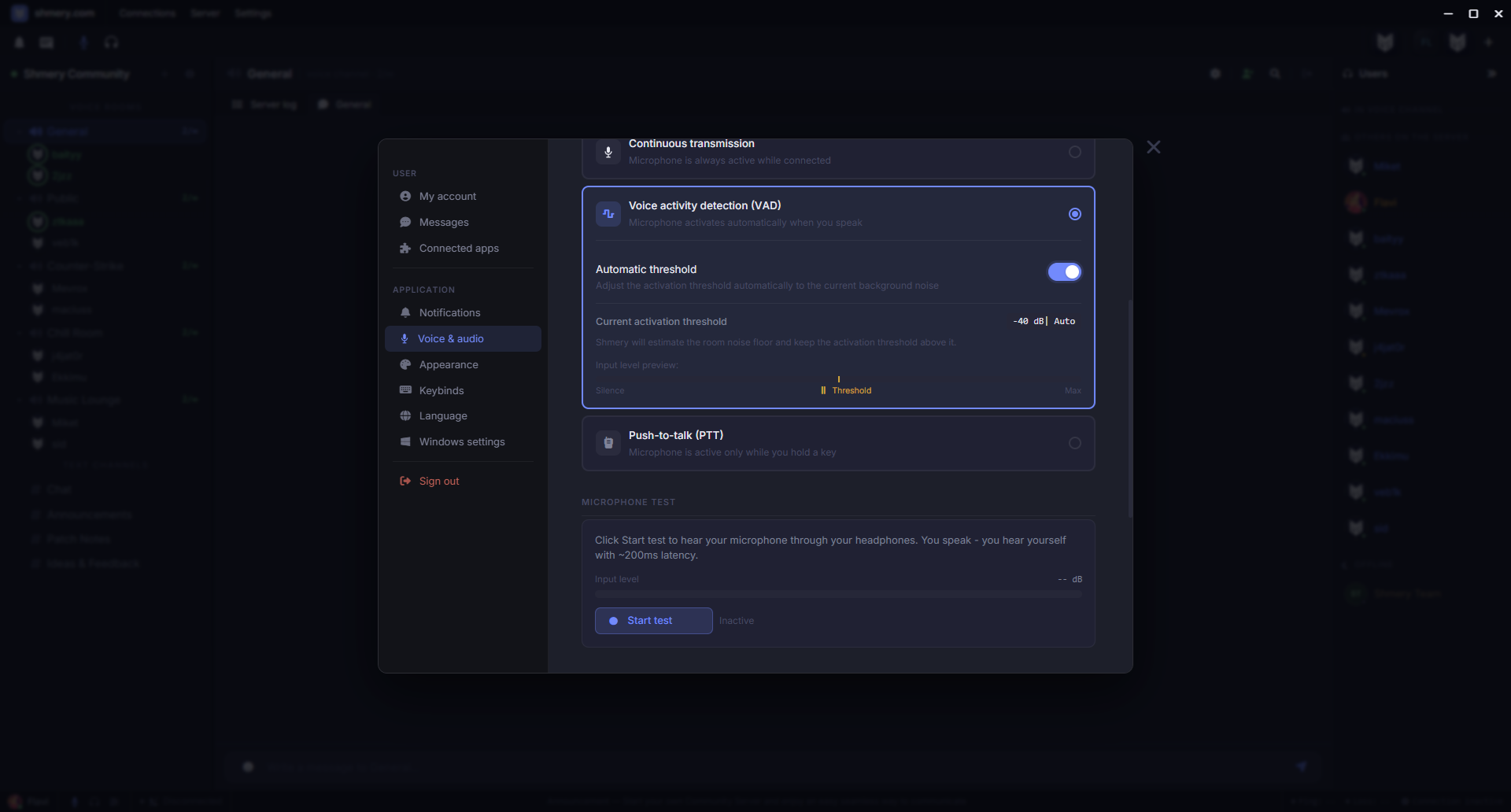 Shmery voice settings with voice activity and microphone test
