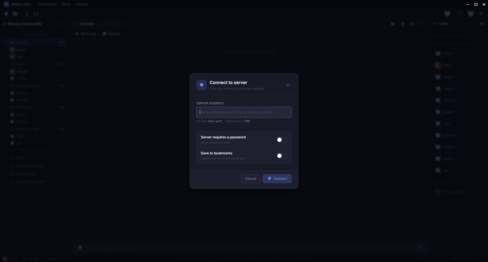 Shmery connect to server modal