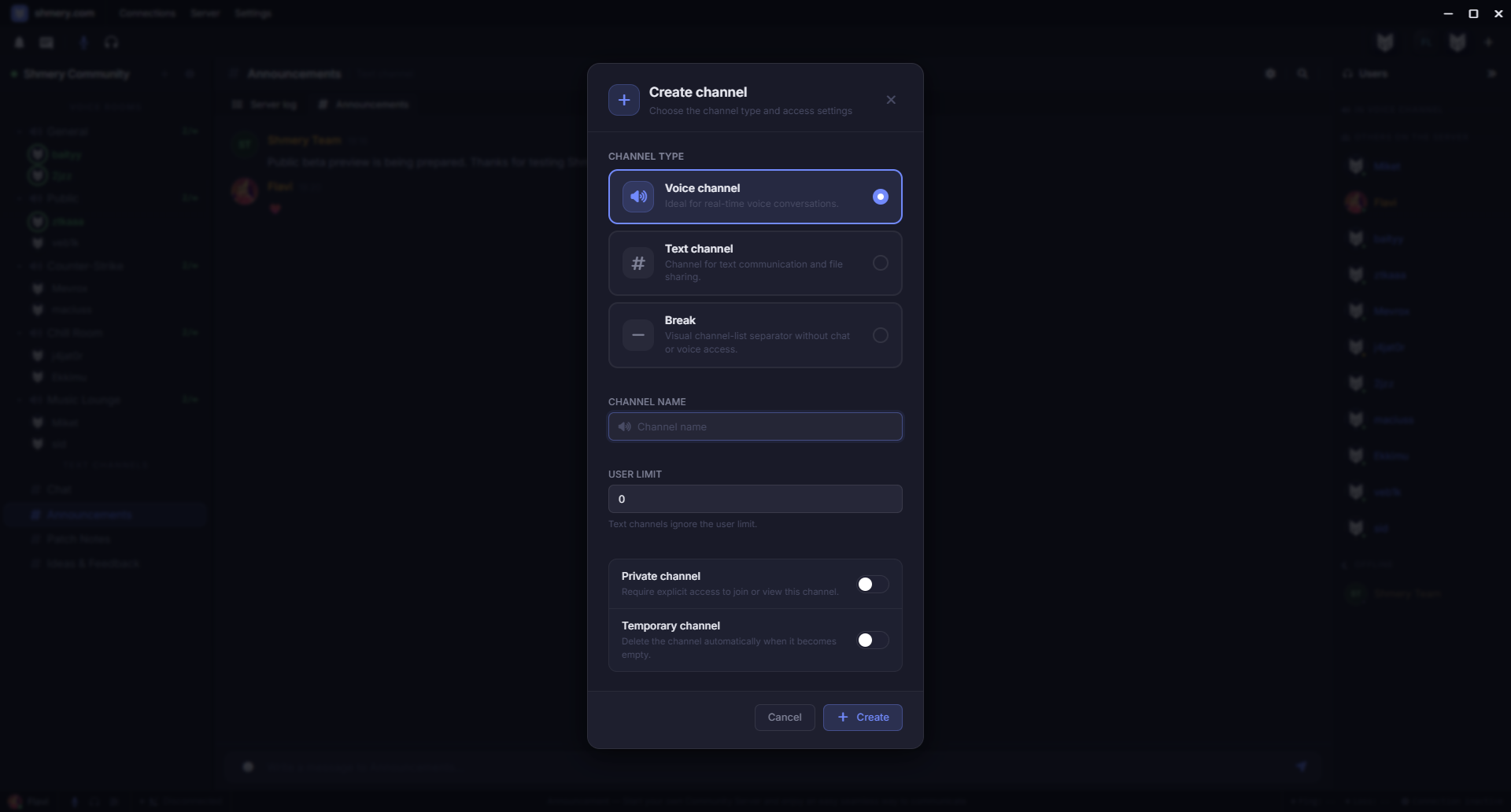 Shmery create channel modal