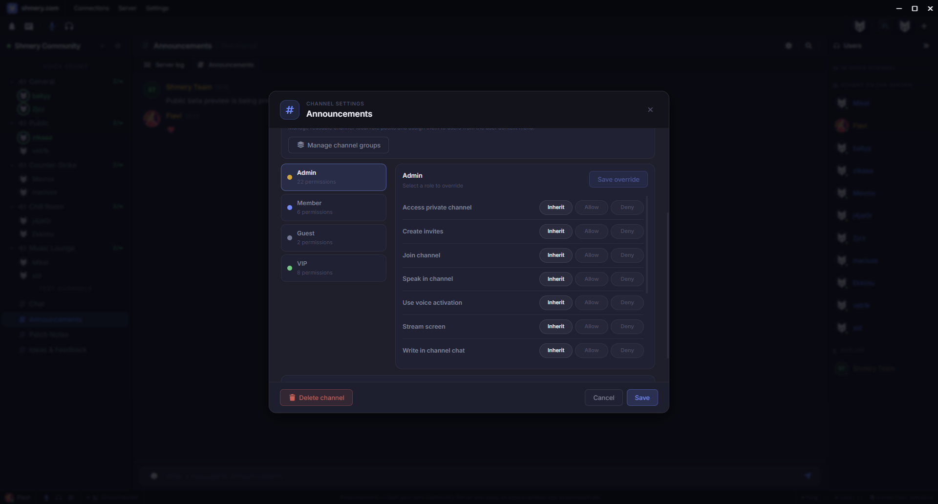 Shmery channel edit modal with permissions